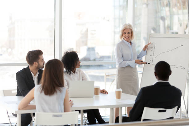 istock Middle aged female mentor train company employees 1070375234
