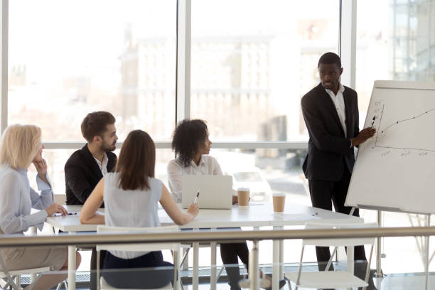 istock Black millennial mentor present plan on flipchart to employees 1070375252