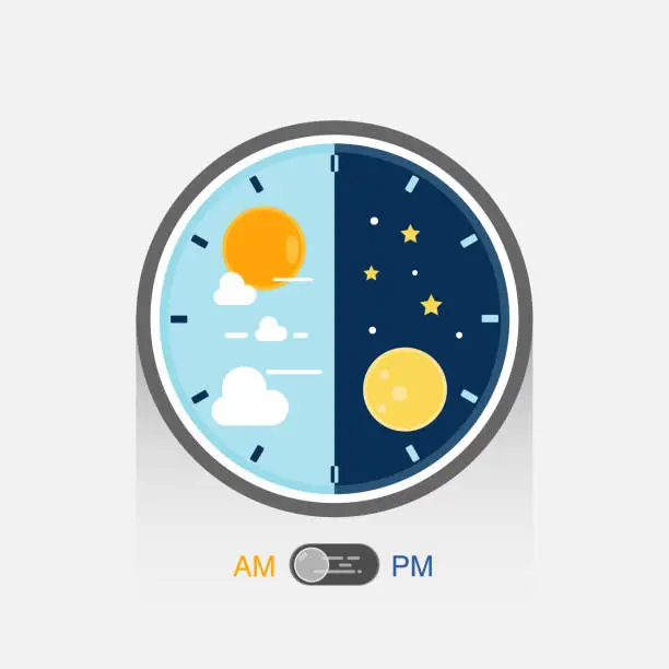 Vector illustration of Day and night in clock pattern. Day night concept with sun and moon on blue and dark sky.