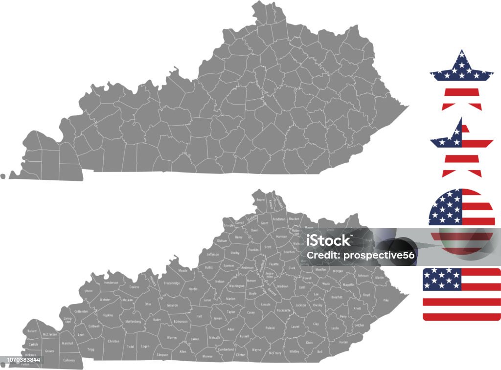 Kentucky county map vector outline in gray background. Kentucky state of USA map with counties names labeled and United States flag vector illustration designs The maps are accurately prepared by a GIS and remote sensing expert. Kentucky stock vector