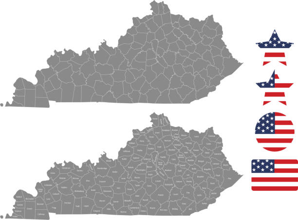 Kentucky county map vector outline in gray background. Kentucky state of USA map with counties names labeled and United States flag vector illustration designs The maps are accurately prepared by a GIS and remote sensing expert. ohio symbols stock illustrations