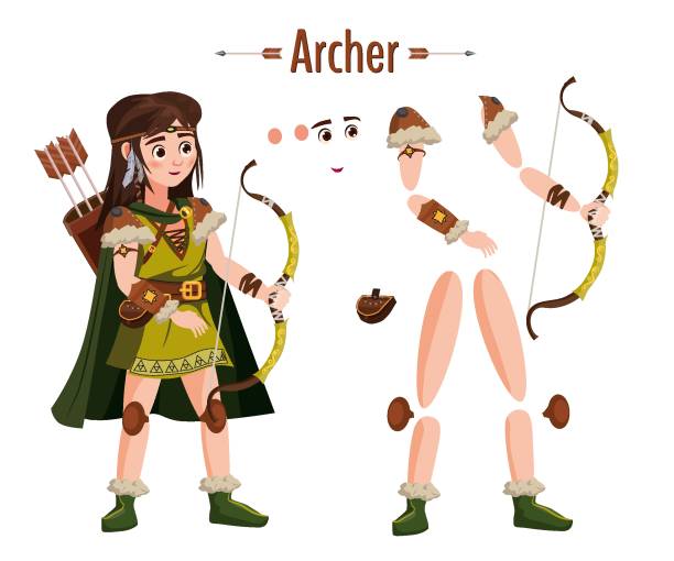 illustrations, cliparts, dessins animés et icônes de archer fille guerrier avec arc, flèches, carquois. caractère médiéval européen en costume traditionnel. vector illustration isolé. style cartoon - archery target sport sport computer icon