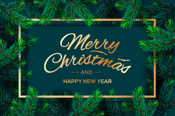 istock Christmas Tree Branches template. Merry Christmas and Happy New Year golden lettering with border frame 1070386050