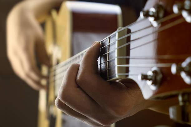 istock Close up of guitarist hand on classical guitar 1070389794