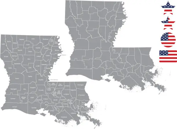 Vector illustration of Louisiana county map vector outline in gray background. Louisiana state of USA map with counties names labeled and United States flag vector illustration designs
