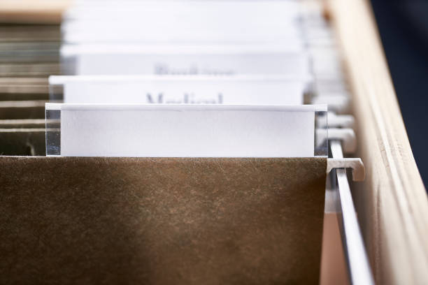 high angle view of documents and folders archive