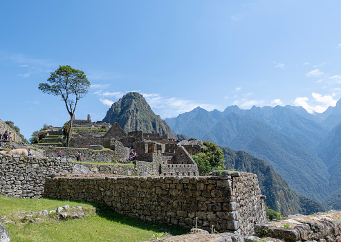 Tourists visting Machu Picchu, the citadel of the Inca Empire located in Peru, South America, during a hot summer morning.