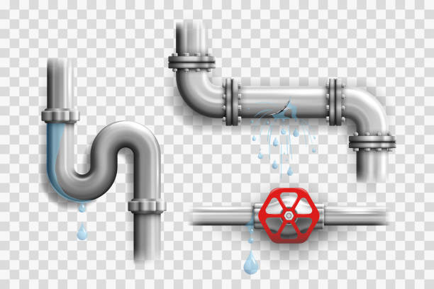 Various broken metal pipes and leaking pipeline elements Various broken metal pipes and leaking pipeline elements isolated on a transparency grid a realistic vector illustrations set plumber pipe stock illustrations