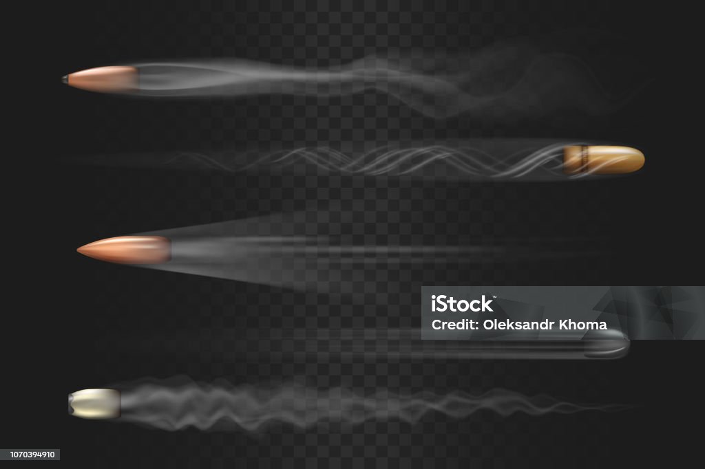 Realistic flying bullets with smoke trace isolated Realistic flying bullet with smoke trace isolated on transparent background, a set of fired bullets in motion, various firearm projectiles vector illustrations Bullet stock vector