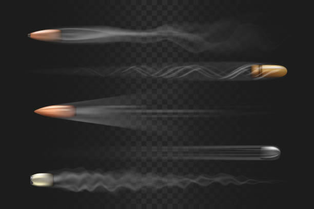 Realistic flying bullets with smoke trace isolated Realistic flying bullet with smoke trace isolated on transparent background, a set of fired bullets in motion, various firearm projectiles vector illustrations target sport stock illustrations