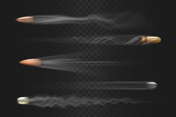 Vector illustration of Realistic flying bullets with smoke trace isolated