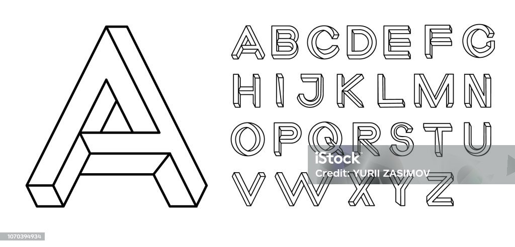 Impossible shape font. Memphis style letters. Colored letters in the style of the 80s. Set of vector letters constructed on the basis of the isometric view. Vector illustration 10 eps Impossible shape font. Memphis style letters. Colored letters in the style of the 80s. Set of vector letters constructed on the basis of the isometric view. Vector illustration 10 eps. Typescript stock vector