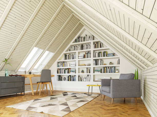 sala de estudio en el ático - house attic desing residential structure fotografías e imágenes de stock