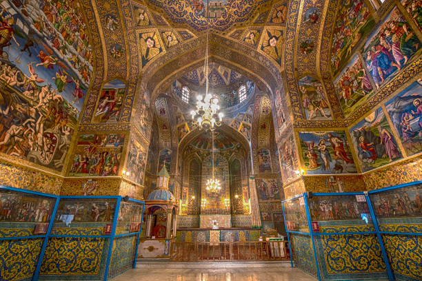 Fresco inside of Vank Cathedral in Isfahan, Iran Interior decor (frescos) Vank Cathedral or Holy Savior Cathedral of the Armenian Apostolic Church (this is the national church of the Armenian people, it is part of the Oriental Orthodoxy and is one of the most ancient Christian communities). Location: Isfahan, Iran.
NOTE FOR INSPECTOR - THIS IS NOT A MUSEUM, it is public church which was built and decorated 400 years ago! There is no entrance fee to visit this church! isfahan stock pictures, royalty-free photos & images