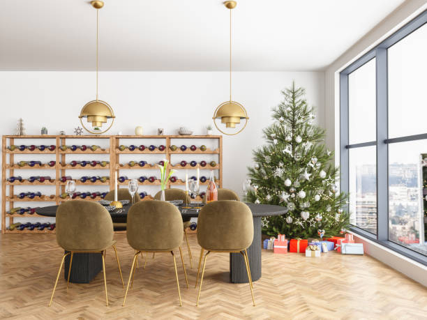 istock Dining Room and christmas tree in Luxury Home 1070405834