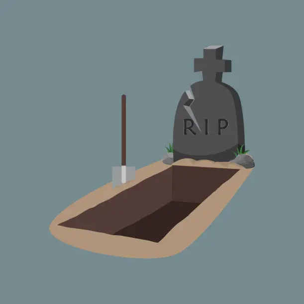 Vector illustration of open grave and headstone with hoe