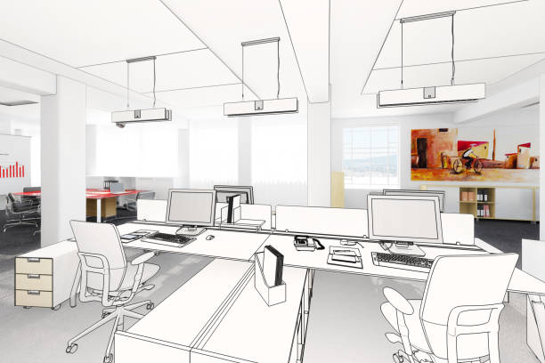 istock Office furnishings with computers (draft) - 3d illustration 1070407122