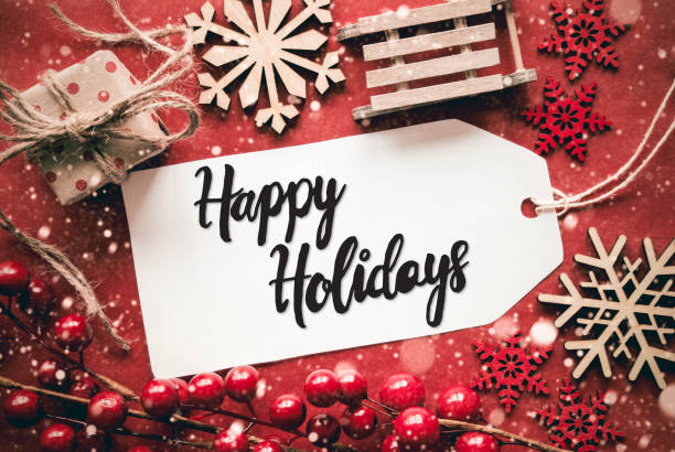 Flat Lay, Red Decoration, Calligraphy Happy Holidays