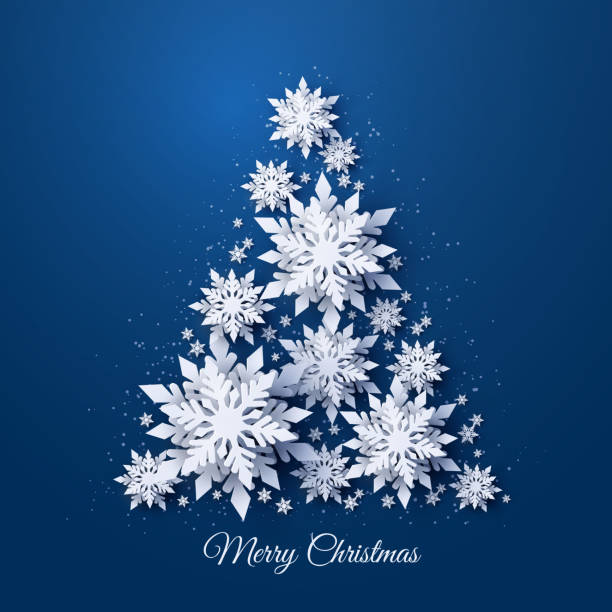 ilustraciones, imágenes clip art, dibujos animados e iconos de stock de árbol de navidad de copos de nieve de papel - christmas christmas tree snowing blue