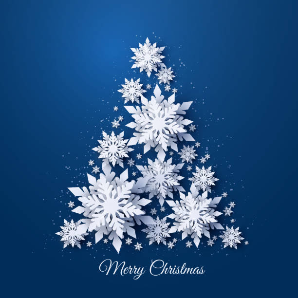 Christmas tree made of paper snowflakes Vector Christmas and Happy New Year holidays greeting card with Christmas tree made of white realistic 3d paper cut layered snowflakes on dark blue background snowflake holiday greeting card blue stock illustrations