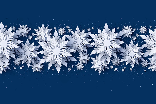 Merry Christmas and Happy New Year seamless pattern design with 3d white realistic layered paper cut snowflakes on blue background. Vector seasonal new year Christmas seamless decoration