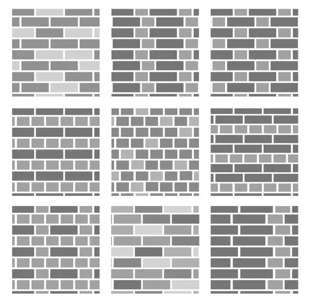 Vector illustration of Brick wall background. Set of seamless vector patterns. Different types of bricklayers & masonry. Stretcher, running & english bond.