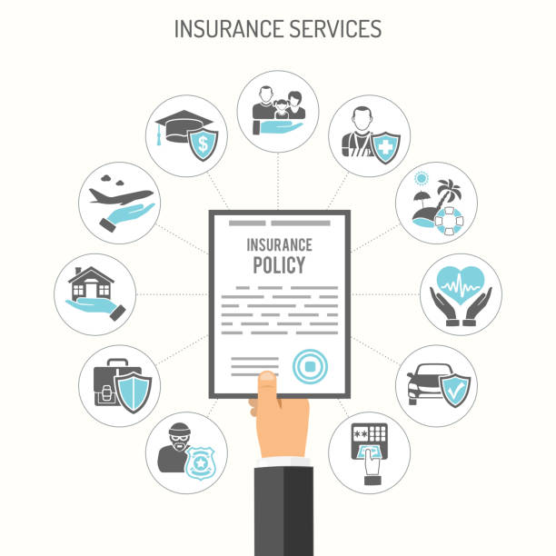 Insurance Services Concept Insurance Services Concept with hand hold insurance policy and flat icons House, Education, Money and Family. Isolated vector illustration insurer stock illustrations