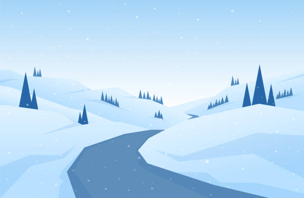 зимний заснеженный плоский мультяшный горный пейзаж с дорогой, холмами и соснами. рождественский фон. - layered mountain tree pine stock illustrations