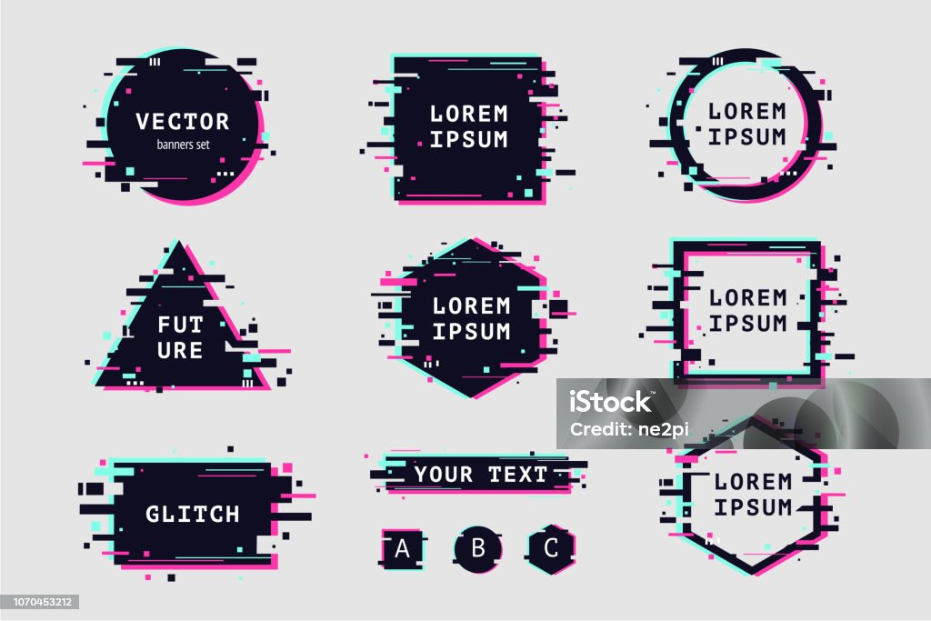 Glitch effect banners and frame set. Glitch effect banners and frame set. Futuristic design with glitchy abstract shapes. Vector clipart elements. Glitch Technique stock vector