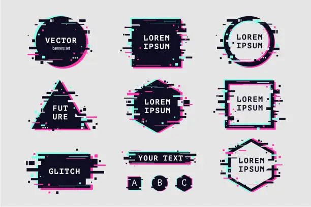 Vector illustration of Glitch effect banners and frame set.