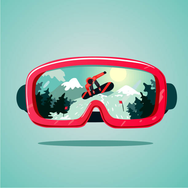 ilustraciones, imágenes clip art, dibujos animados e iconos de stock de máscara protectora de snowboard con snowboarder en la reflexión. - snow glasses