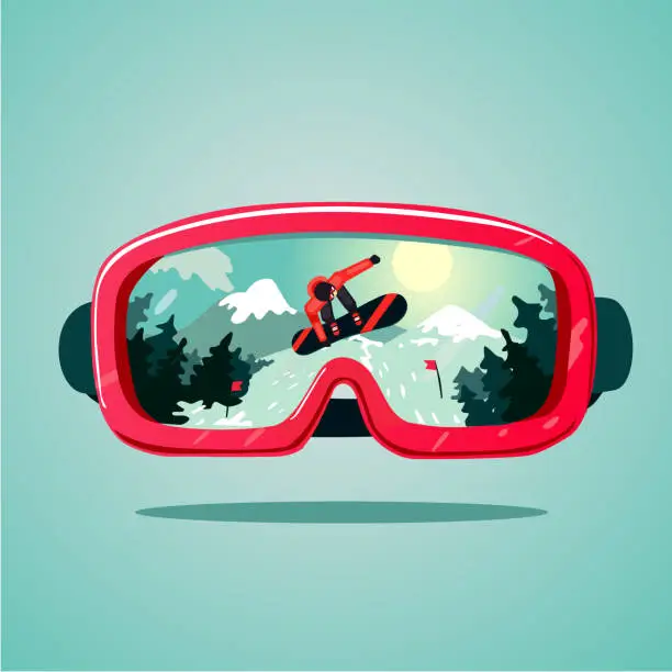 Vector illustration of Snowboard protective mask with snowboarder on reflection.