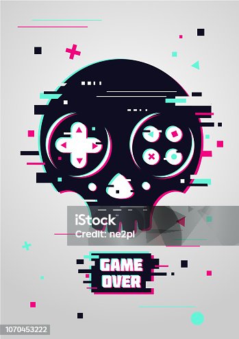 istock Game over glitchy sign with skull and gamepad. 1070453222