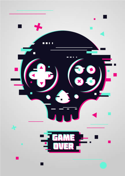 Game over glitchy sign with skull and gamepad. vector art illustration