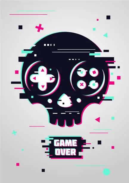 Vector illustration of Game over glitchy sign with skull and gamepad.