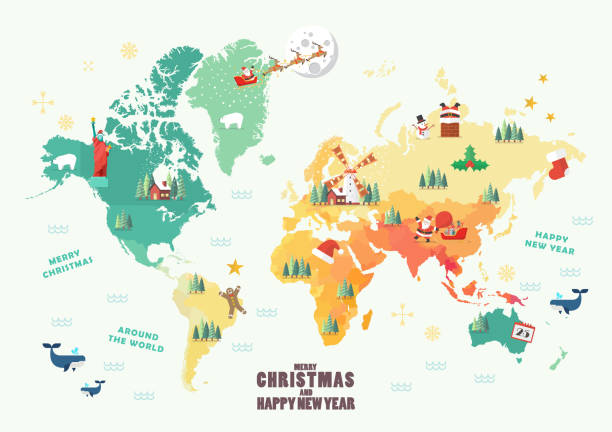 クリスマスの要素を持つ世界地図 - christmas australia asia globe点のイラスト素材／クリップアート素材／マンガ素材／アイコン素材