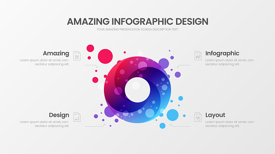 Premium quality 4 option circle marketing analytics presentation vector illustration template. 
Business data visualization design layout. Amazing colorful round organic statistics infographic report.