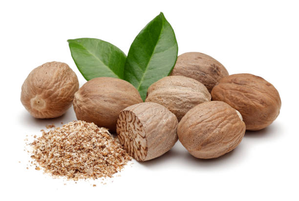 istock Nutmeg spice with green leaves 1070472290