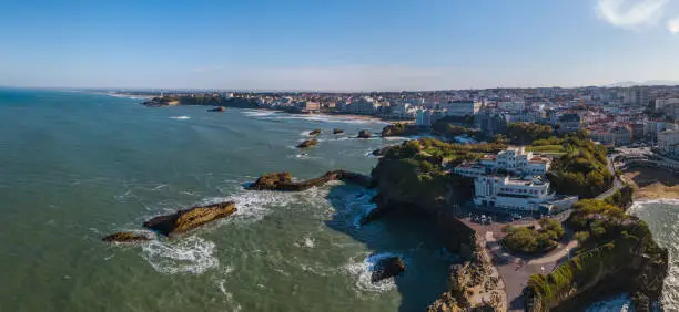 Photo of Biarritz city and its famous sand beaches, Miramar and La Grande Plage, Bay of Biscay, Atlantic coast, Pays Basque, France