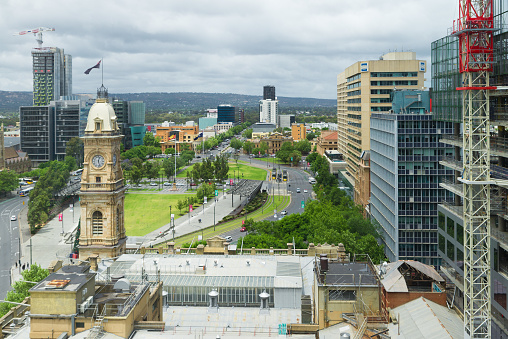 Adelaide, AUSTRALIA - Nov 21, 2018: Victoria Square historical centre of South Australian Capital city with old iconic building and new construction sites high view urban cityscape of Central Business District