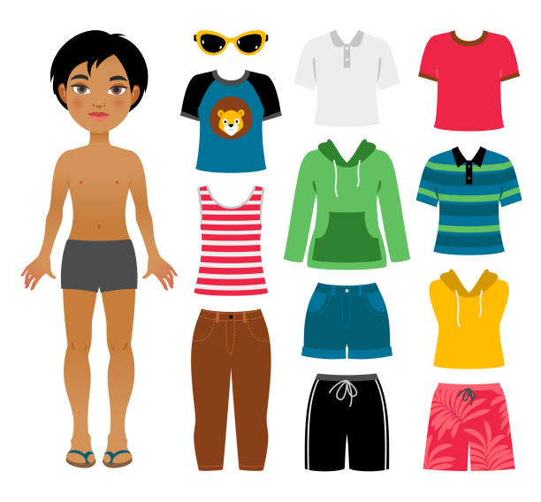 ilustrações de stock, clip art, desenhos animados e ícones de set of boy's summer clothes - shorts