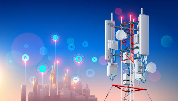 ilustrações, clipart, desenhos animados e ícones de antena para rede sem fio. estação de telecomunicações celular. torre de transmissão. mastro lte aérea. fundo de tecnologia - telecommunications equipment