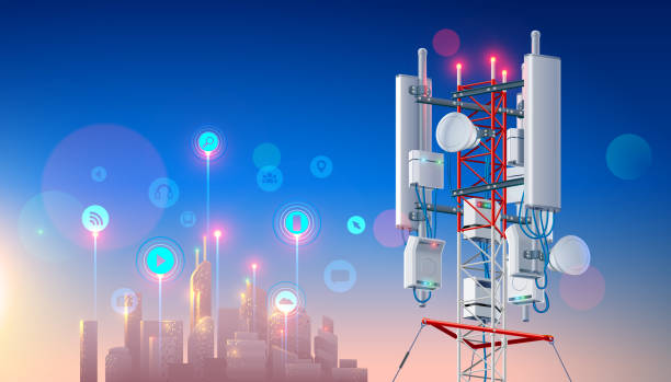 Antenna for wireless network. Telecommunication cellular station. Broadcasting tower. Mast Lte aerial. Tech background Antenna for wireless network. Telecommunication cellular station for smart city connections mobile equipment. Broadcasting tower for high speed internet communication. Mast Lte aerial. Tech background telecommunications equipment illustrations stock illustrations