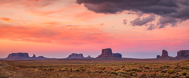 Navajo Monument Valley mountains of Colorado Plateau region at sunset. Arizona - Utah border. USA