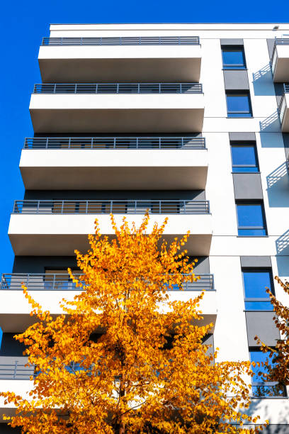 istock Modern white apartment building with autumn leaves at foreground 1070507660