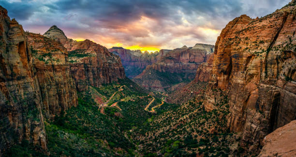 panoramic view of zion national park from Canyon overlook trail panoramic view of zion national park from Canyon overlook trail at sunset. Utah. USA zion stock pictures, royalty-free photos & images
