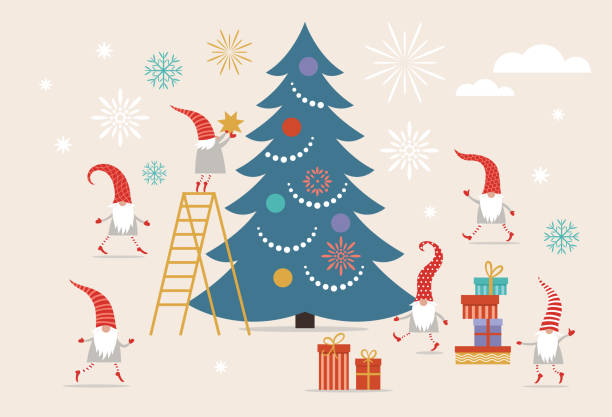 Fuuny small cute Christmas Gnomes in red hats decorating Christmas Tree vector art illustration