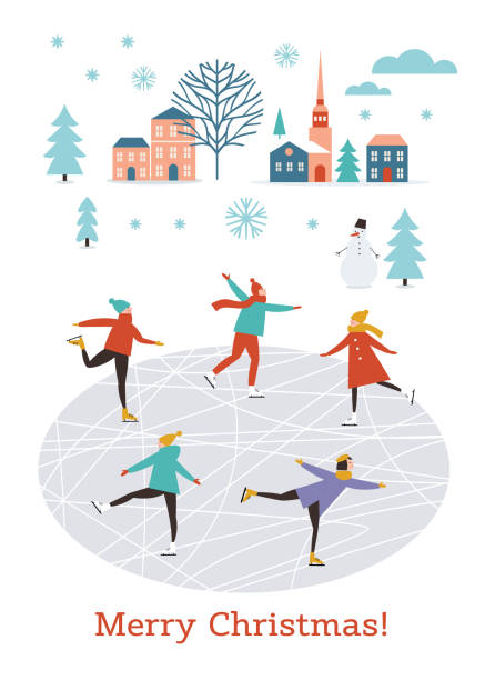 Vector flat illustration of people skating, winter scene, Merry Christmas or Happy New Year's card design Vector flat illustration of people skating, winter scene, Merry Christmas or Happy New Year's card design ice skating vector stock illustrations