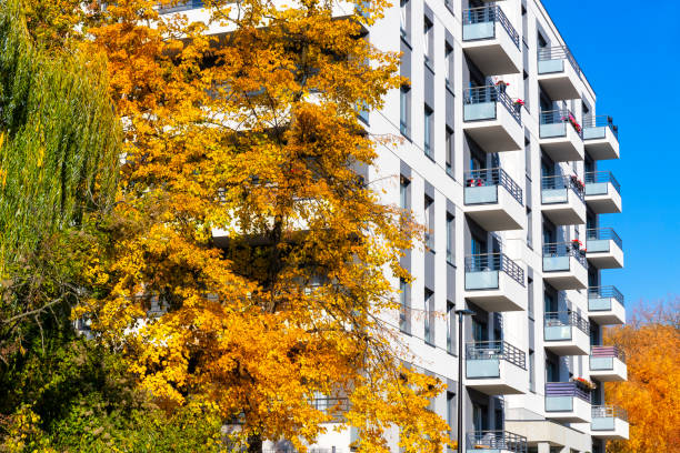 istock Modern white apartment building with autumn leaves at foreground 1070515786