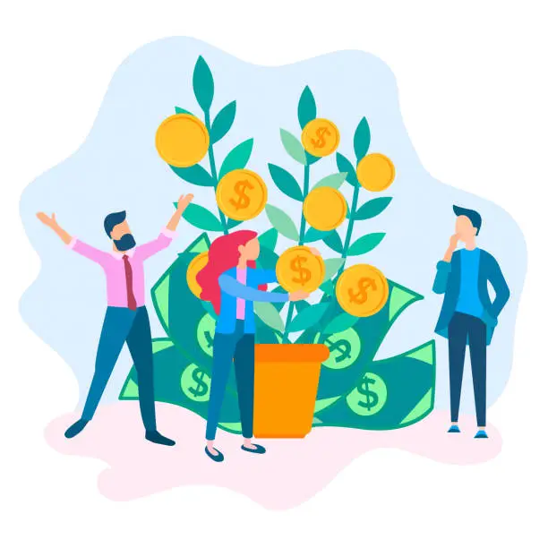 Vector illustration of Coin shoots money tree, the concept of income growth.